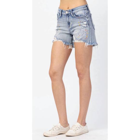 NEW JUDY BLUE rainbow paint splash short in blue - Picture 2 of 2